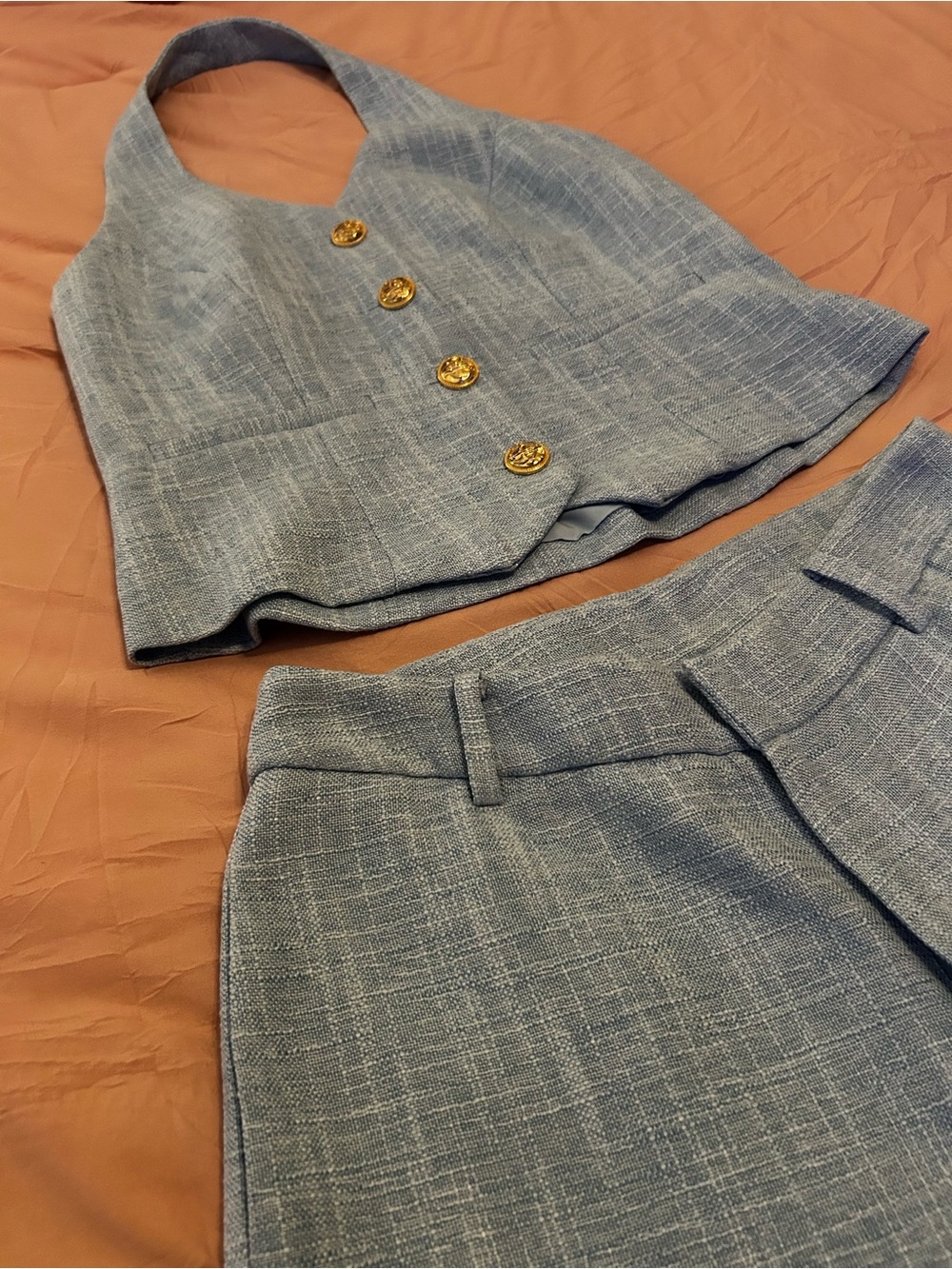 Commense Light Blue Textured Vest and Pants Set with Gold Buttons. Size M. - Picture 7 of 16